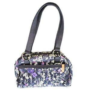 DONNA SHARP HANDBAG BLACK W/ PURPLE & White Pansies QUILTED SHOULDER Purse